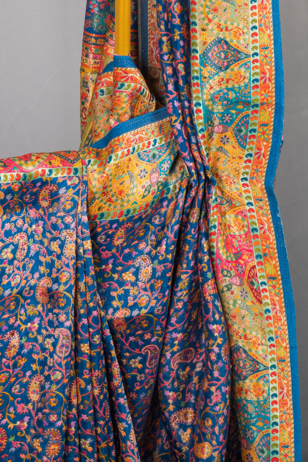 Pashmina Kashmiri Work With Beautiful Pallu - Navy Blue With Orange