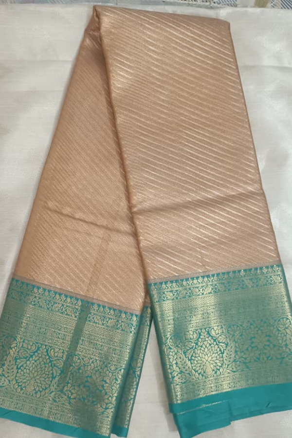 Pastel Peach with Teal Blue Border and Golden Stripes- Kanchipuram Tissue Silk Saree