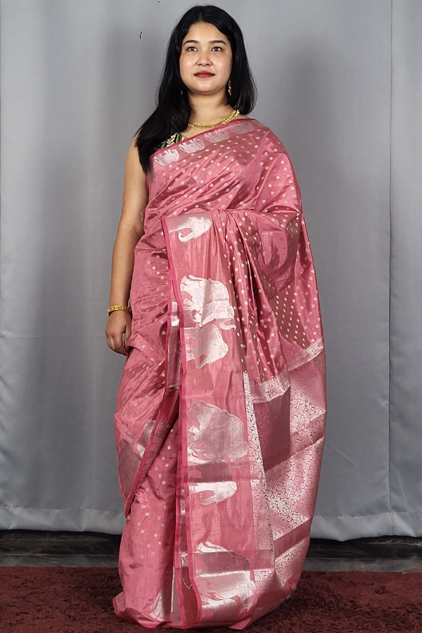 Raw Silk With Silver Zari Buttas all over body with Elephant Border