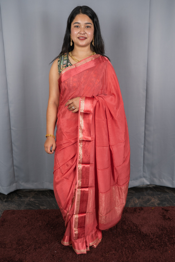 Pure Chinon Silk with Contrast Blouse - Lotus