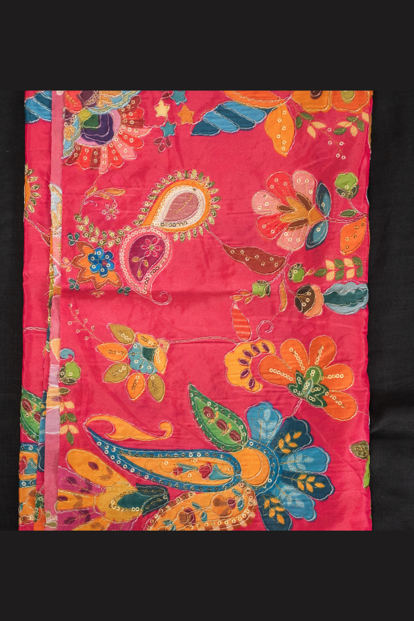 Silk Blouse Material Kalamkari Print With Embroidery