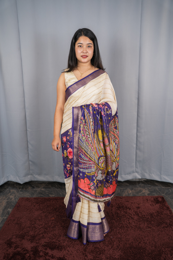 Savaya Silk - The Main Body Of The Saree Is Particular Colors With Golden Stripes - Cream With Violet