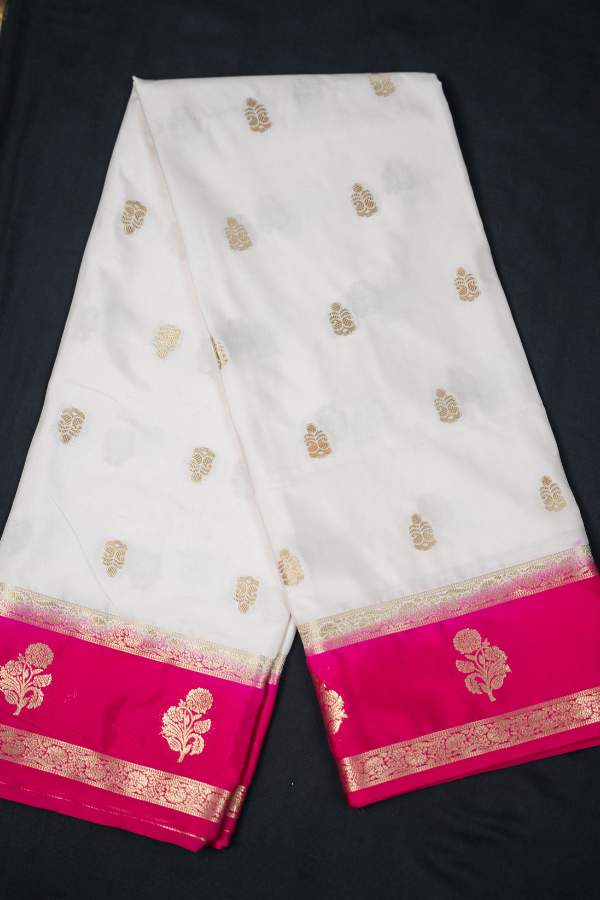 Semi Mysore Silk Crape All Over Body Buttas With Bentex Butta Border And 2D Pattern - Cream With Pink