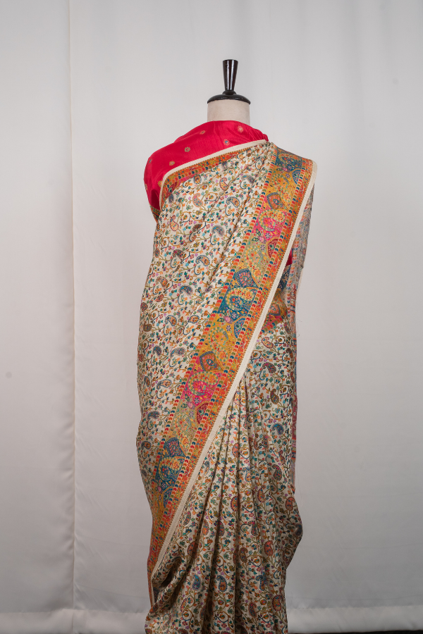 Pashmina Kashmiri Work With beautiful Pallu - Cream with Red