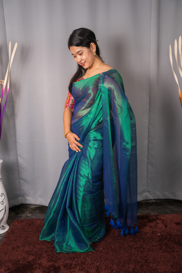 Bengal Tissue Sarees Peacock Green Colour