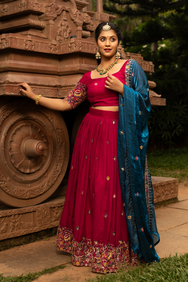 Blue and Red Designer Lehenga with Handcrafted Sequence Work