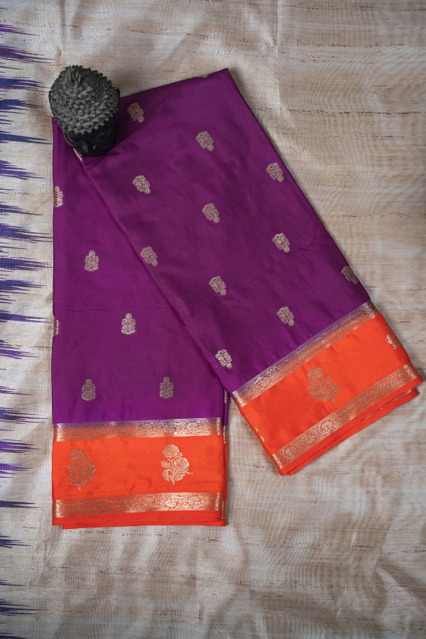 Semi Mysore Silk Crape All Over Body Buttas With Bentex Butta Border And 2D Pattern - Violet with Orange