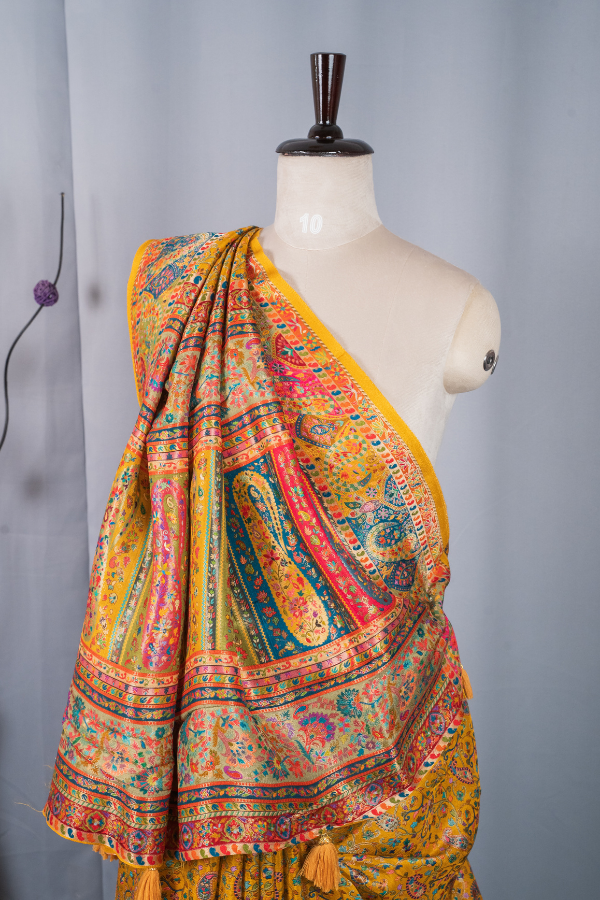 Pashmina Kashmiri Work With Beautiful Pallu - Yellow