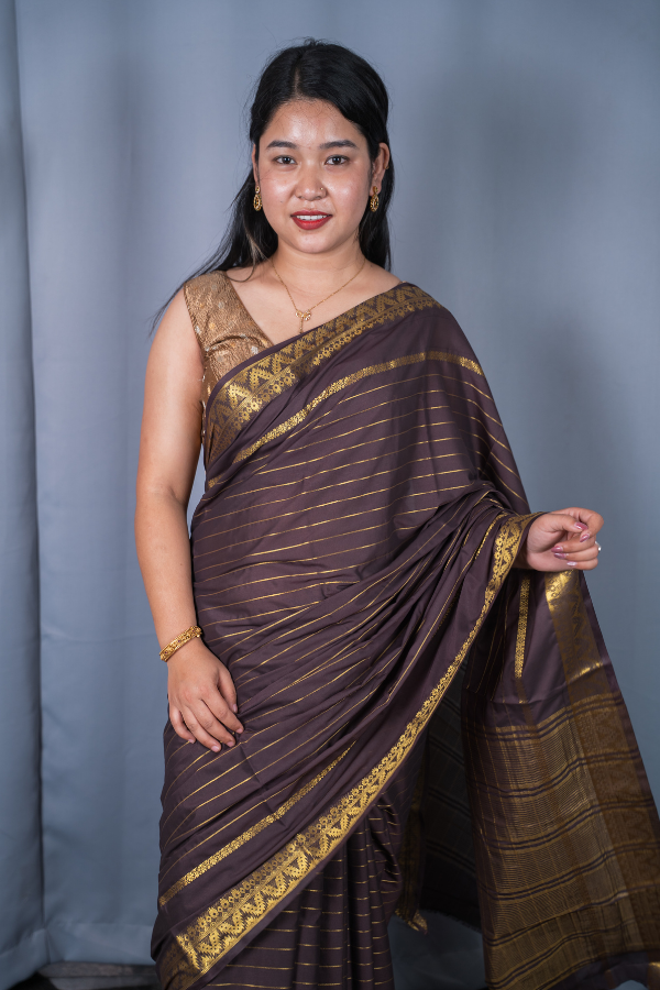 Semi Mysore Crape Silk Self Pattern with Temple Border - Image 2