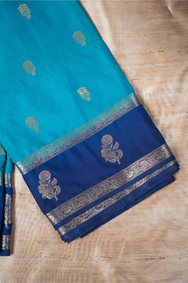 Semi Mysore Silk Crape All Over Body Buttas With Bentex Butta Border And 2D Pattern - Sky Blue With Dark Blue - Image 3