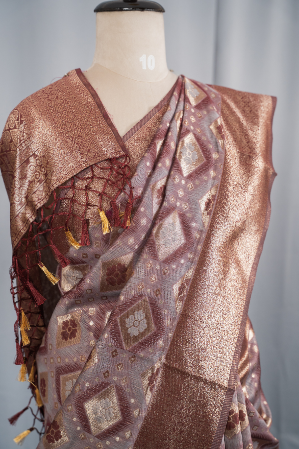 Linen Saree With Meenakari Weaving - Chirag - Image 11