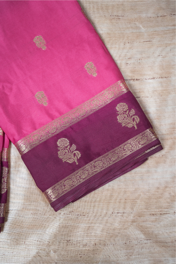 Semi Mysore Silk Crape All Over Body Buttas With Bentex Butta Border And 2D Pattern - Pink With Maroon - Image 3