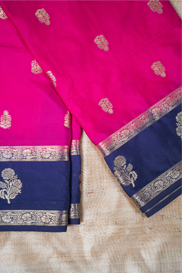 Semi Mysore Silk Crape All Over Body Buttas With Bentex Butta Border And 2D Pattern - Rani Pink with Dark Blue