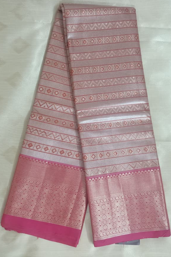 Pink with stripe zari - Kanchipuram Tissue Silk Sare