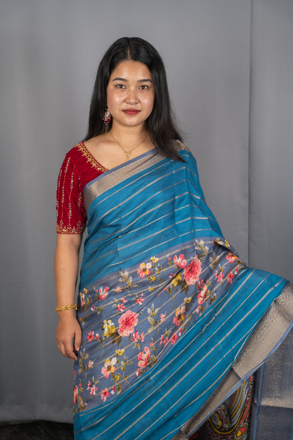 Savaya Silk - The Main Body Of The Saree Is Particular Colors With Golden Stripes - Sky Blue with Grey - Image 3