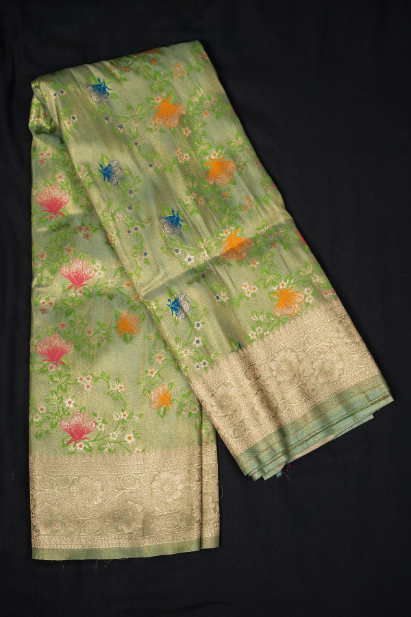 Soft Pashmina Tissue With Kashmiri Work With Grand Pallu - Light Green