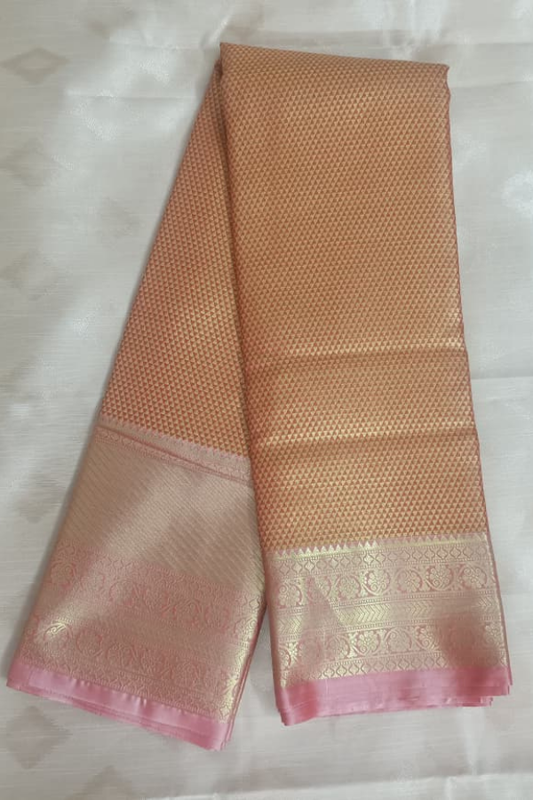 Pastel Orange with Light Pink Border-Kanchipuram Tissue Silk Saree