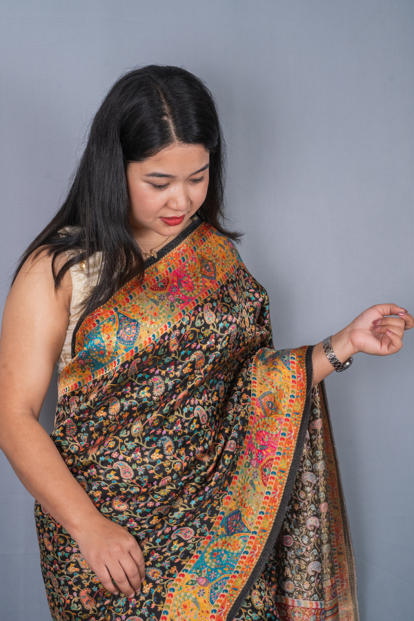 Pashmina Kashmiri Work With Beautiful Pallu - Black With Orange