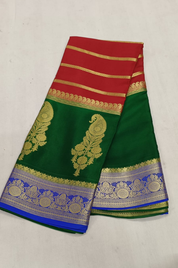 Pure Mysore Silk Sarees with 160 GSM - Red-Green with Navy Blue Border
