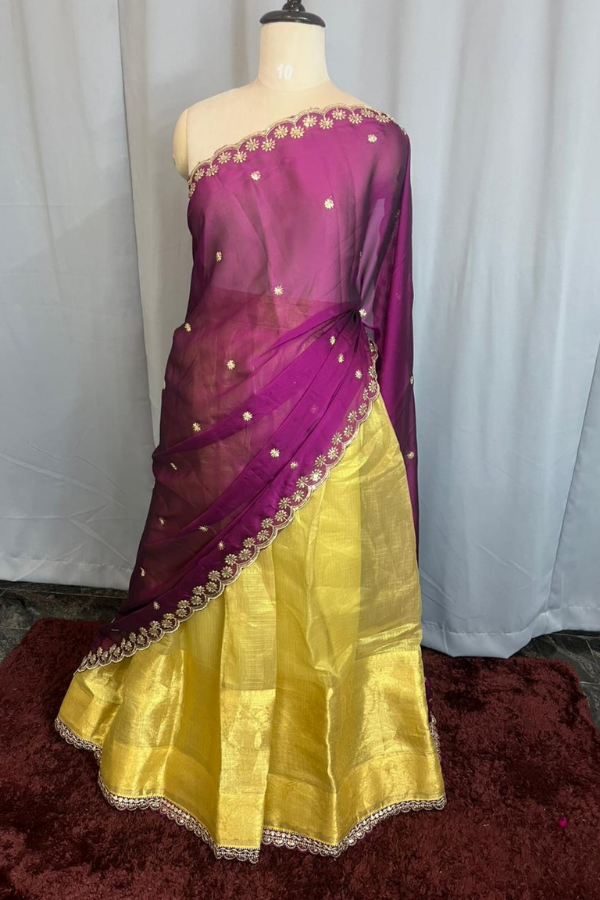 Tissue Golden Jari Lehenga With Contrast Purple Dupatta