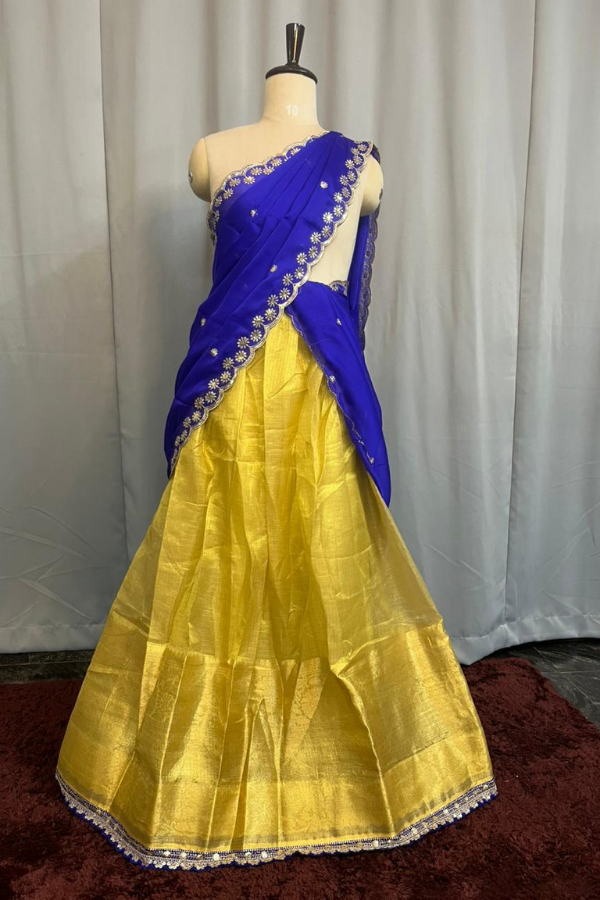 Tissue Golden Jari Lehenga With Contrast Blue Dupatta